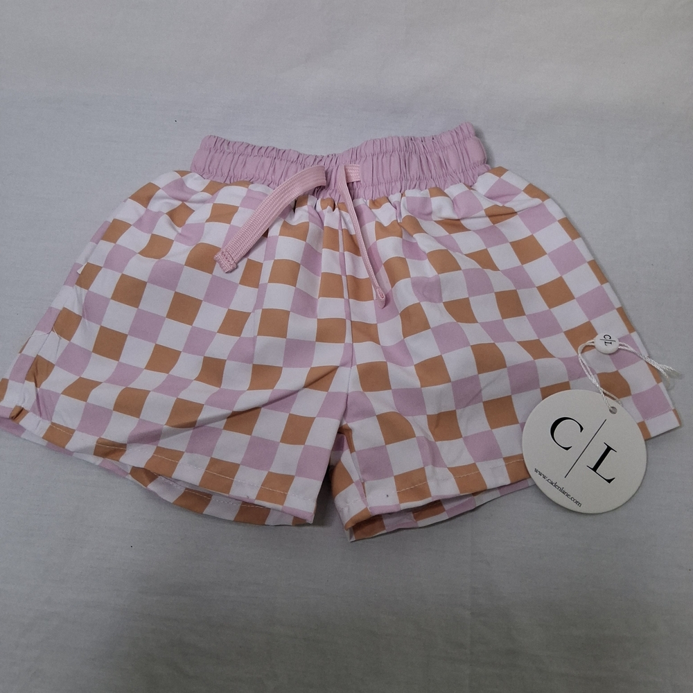 Caden Lane Pink, Orange, White Baby Boy Plaid Swim Trunks